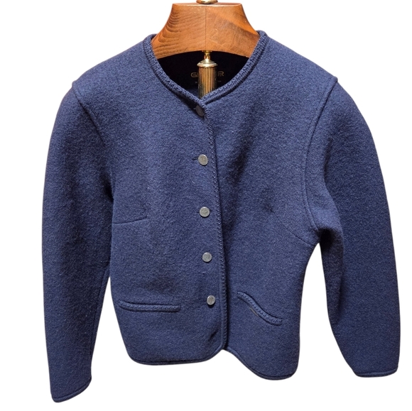 Vintage Sweaters - Geiger Austria Vintage Women's Boiled Wool Cardigan Jacket Navy Blue 38 Medium